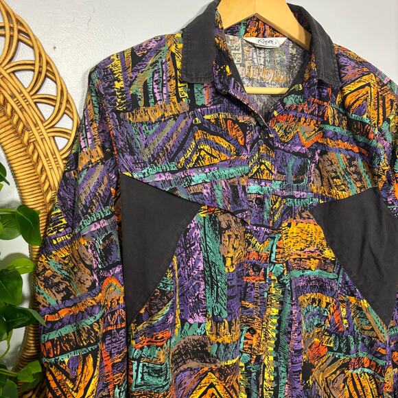 Vtg Roper Western Shirt Abstract Geometric Southwest Button Up L | Dark Autumn - Picture 10 of 11